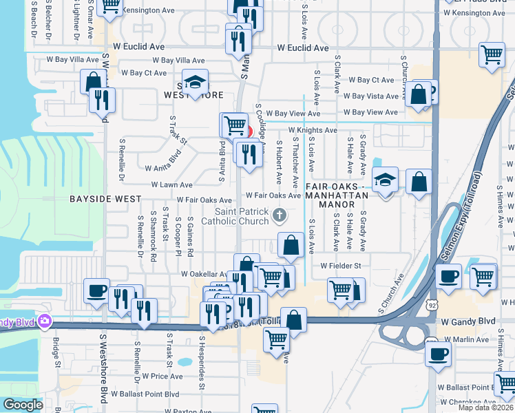 map of restaurants, bars, coffee shops, grocery stores, and more near 4510 South Manhattan Avenue in Tampa