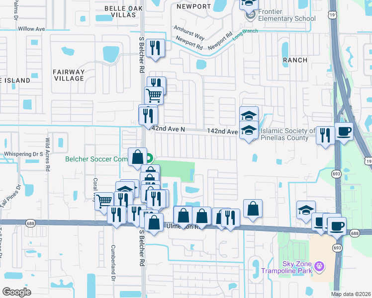 map of restaurants, bars, coffee shops, grocery stores, and more near 14099 South Belcher Road in Largo