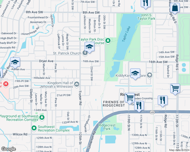 map of restaurants, bars, coffee shops, grocery stores, and more near 2118 18th Avenue Southwest in Largo