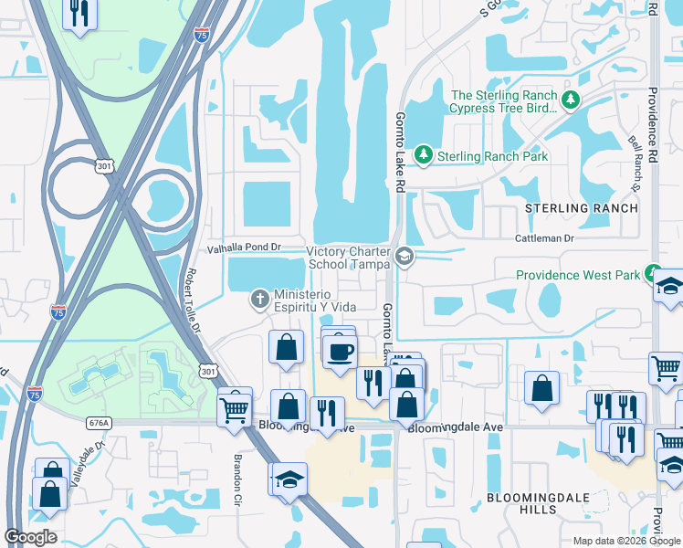 map of restaurants, bars, coffee shops, grocery stores, and more near 2257 Kings Palace Drive in Palm River-Clair Mel