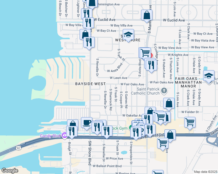 map of restaurants, bars, coffee shops, grocery stores, and more near 4503 South Shamrock Road in Tampa