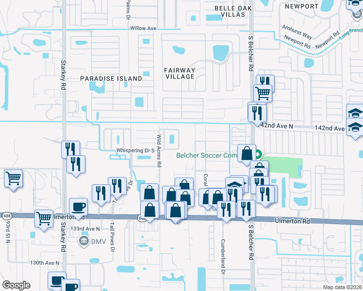 map of restaurants, bars, coffee shops, grocery stores, and more near 1719 Whispering Drive East in Largo