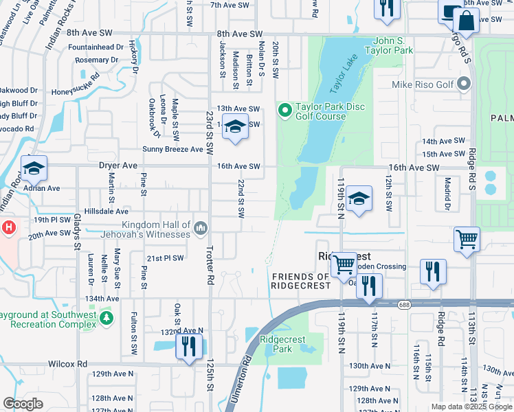 map of restaurants, bars, coffee shops, grocery stores, and more near 2118 18th Avenue Southwest in Largo