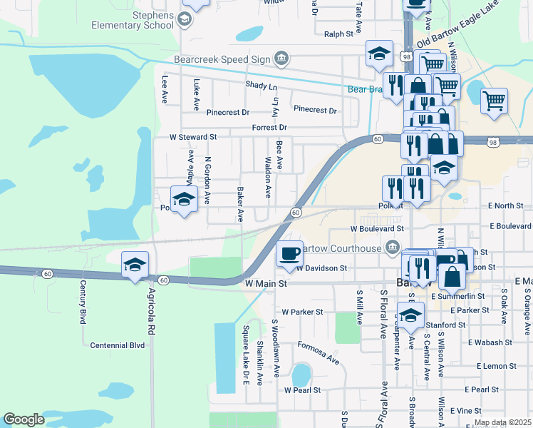 map of restaurants, bars, coffee shops, grocery stores, and more near 525 Waldon Avenue in Bartow