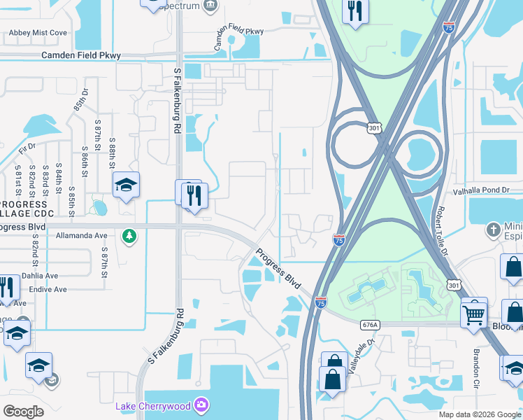 map of restaurants, bars, coffee shops, grocery stores, and more near 5341 Fallen Leaf Drive in Riverview