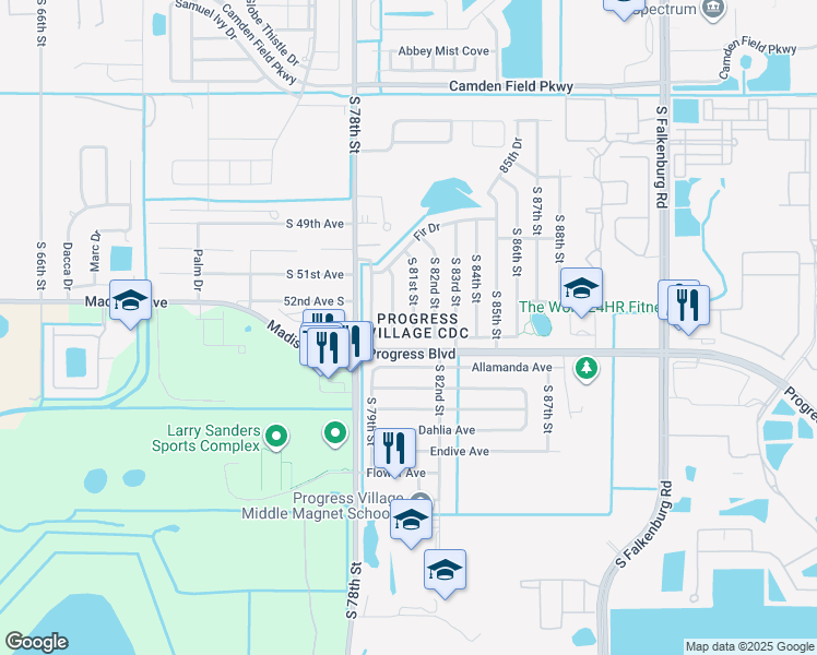 map of restaurants, bars, coffee shops, grocery stores, and more near 5209 South 81st Street in Tampa