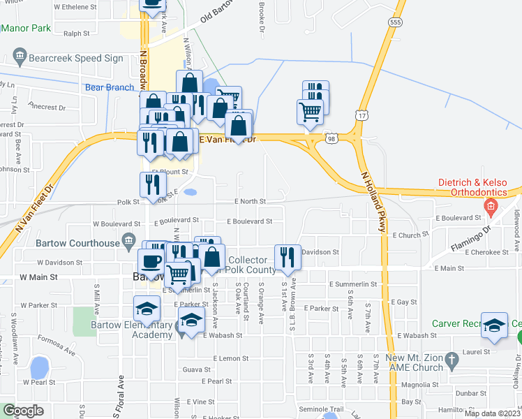 map of restaurants, bars, coffee shops, grocery stores, and more near 805 Depot Street in Bartow