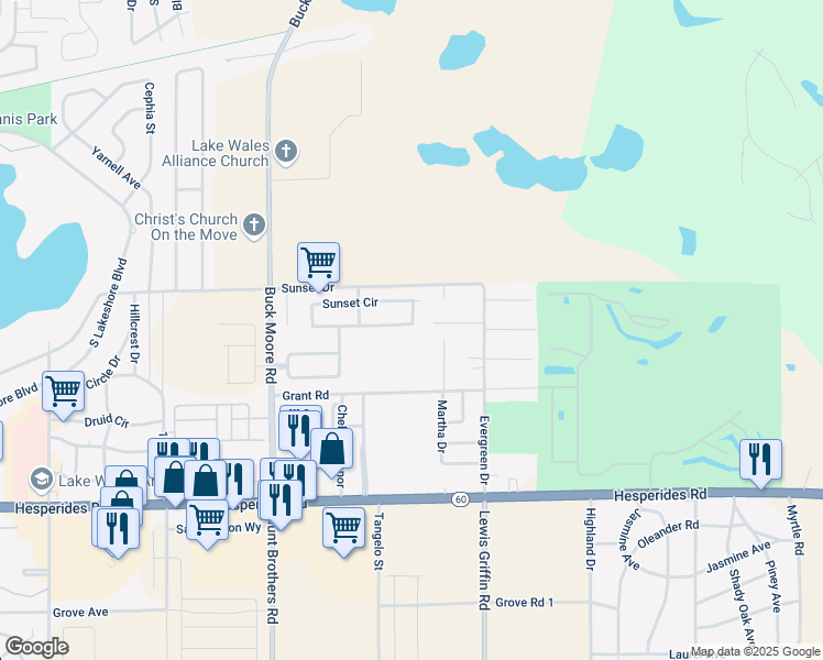 map of restaurants, bars, coffee shops, grocery stores, and more near 2633 Sunset Circle in Lake Wales