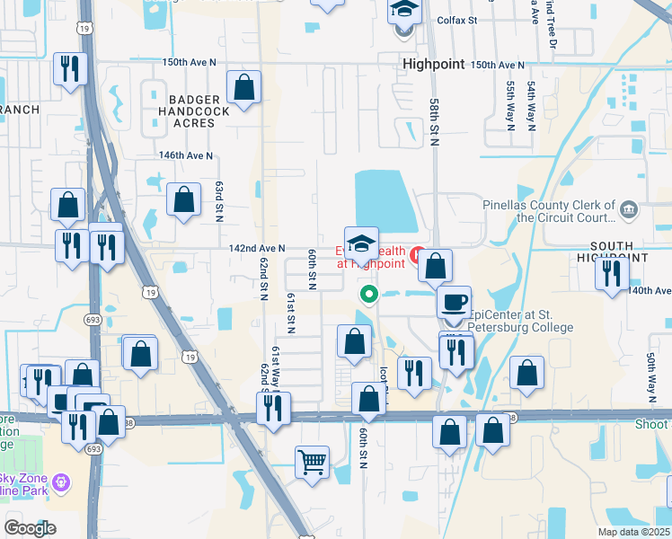 map of restaurants, bars, coffee shops, grocery stores, and more near 5945 141st Avenue North in Clearwater
