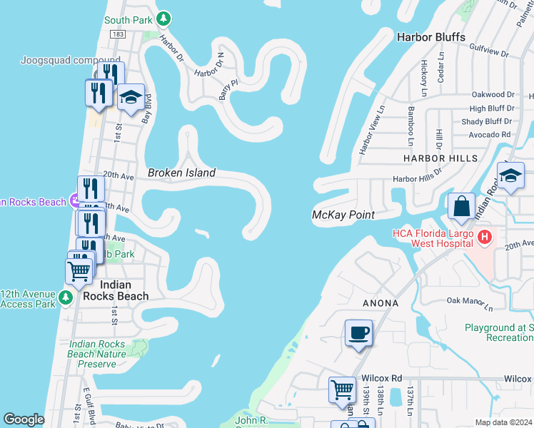 map of restaurants, bars, coffee shops, grocery stores, and more near 520 20th Avenue in Indian Rocks Beach