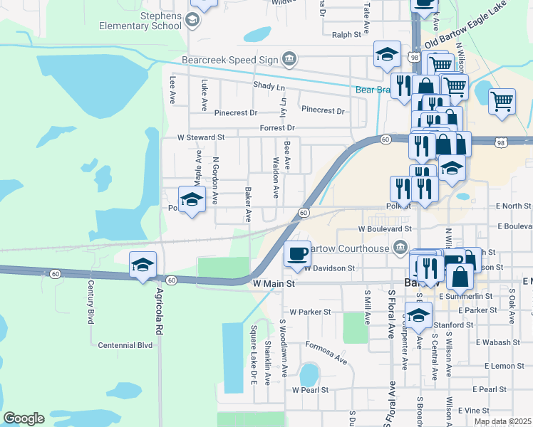 map of restaurants, bars, coffee shops, grocery stores, and more near 525 Waldon Avenue in Bartow