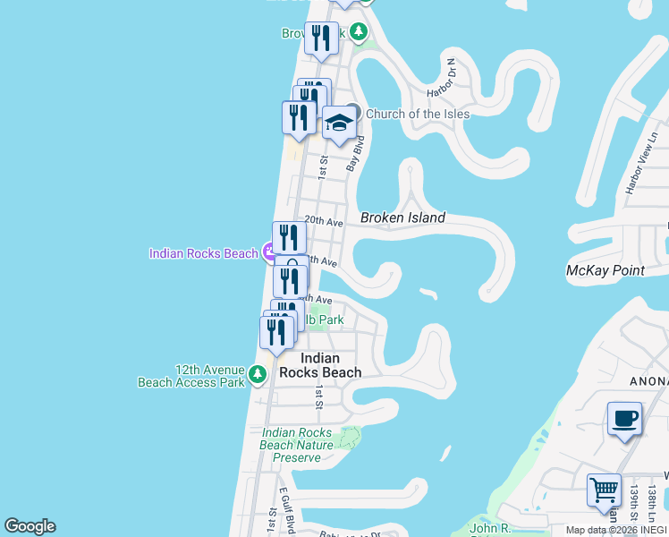 map of restaurants, bars, coffee shops, grocery stores, and more near 209 18th Avenue in Indian Rocks Beach