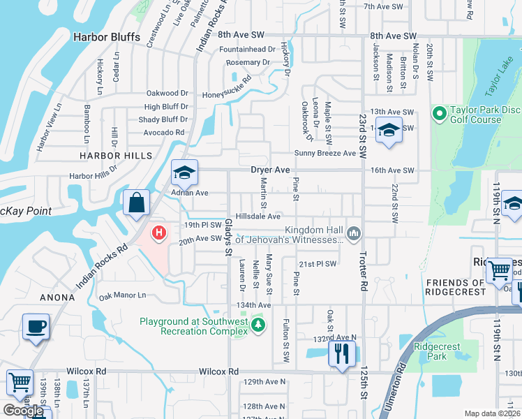 map of restaurants, bars, coffee shops, grocery stores, and more near 1818 Martin Street in Largo
