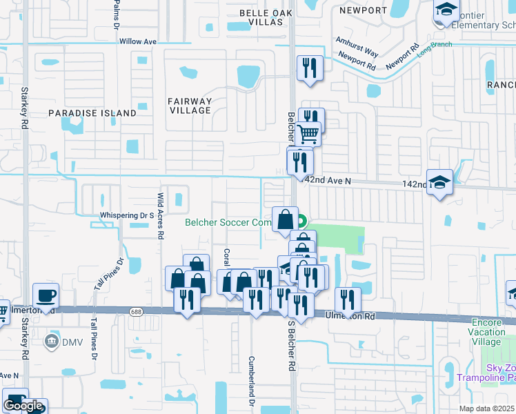 map of restaurants, bars, coffee shops, grocery stores, and more near 3792 141st Avenue North in Largo