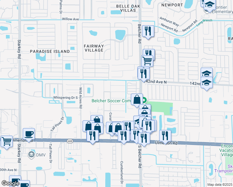 map of restaurants, bars, coffee shops, grocery stores, and more near 3678 141st Avenue North in Largo