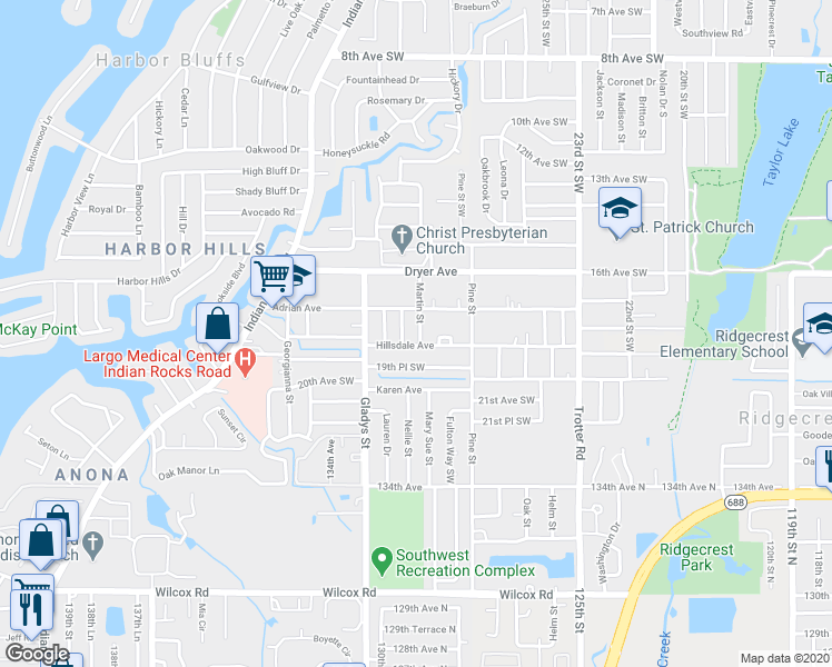 map of restaurants, bars, coffee shops, grocery stores, and more near 1818 Martin Street in Largo