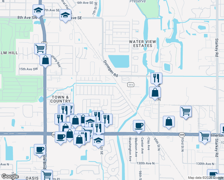 map of restaurants, bars, coffee shops, grocery stores, and more near Pin Oak Drive in Largo