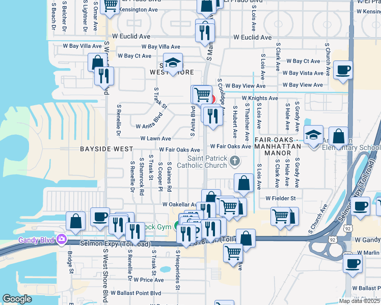 map of restaurants, bars, coffee shops, grocery stores, and more near 4414 West Fair Oaks Avenue in Tampa