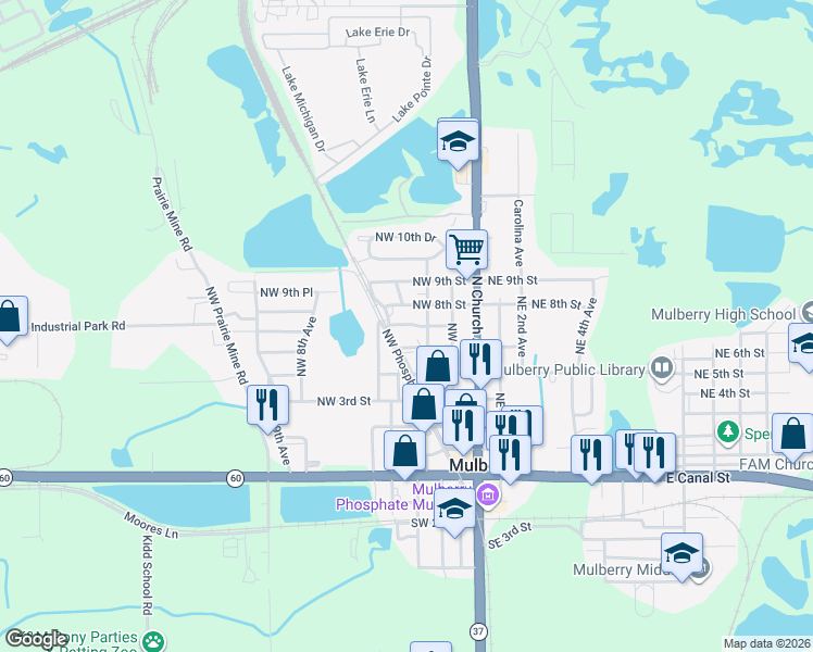 map of restaurants, bars, coffee shops, grocery stores, and more near 404 Northwest 7th Street in Mulberry