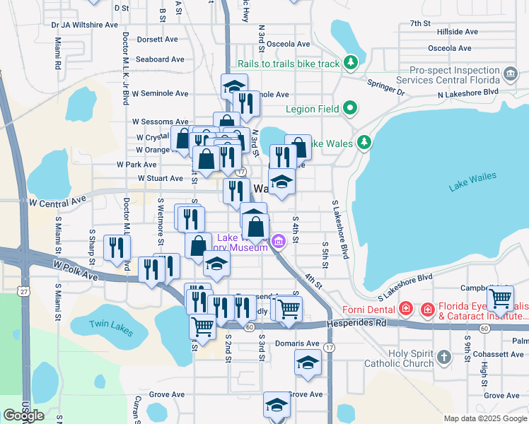 map of restaurants, bars, coffee shops, grocery stores, and more near 301 East Tillman Avenue in Lake Wales