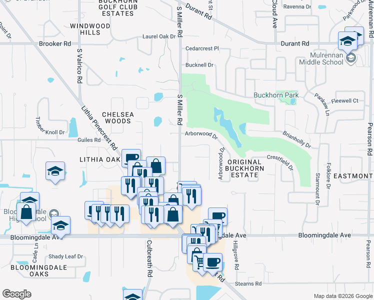 map of restaurants, bars, coffee shops, grocery stores, and more near 3007 South Miller Road in Valrico