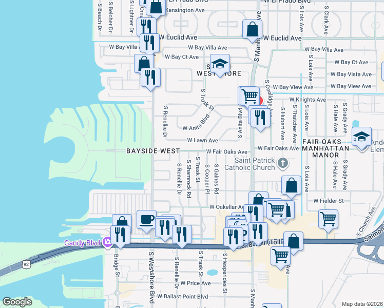 map of restaurants, bars, coffee shops, grocery stores, and more near 4503 South Shamrock Road in Tampa