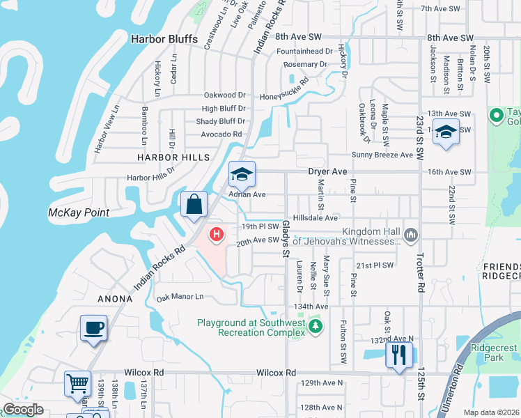 map of restaurants, bars, coffee shops, grocery stores, and more near 3259 Hillsdale Avenue in Largo