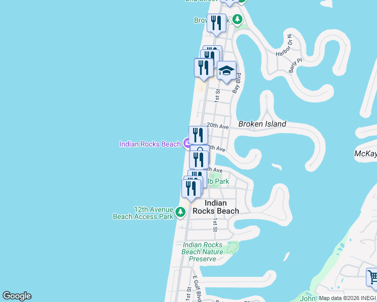 map of restaurants, bars, coffee shops, grocery stores, and more near 1700 Gulf Boulevard in Indian Rocks Beach