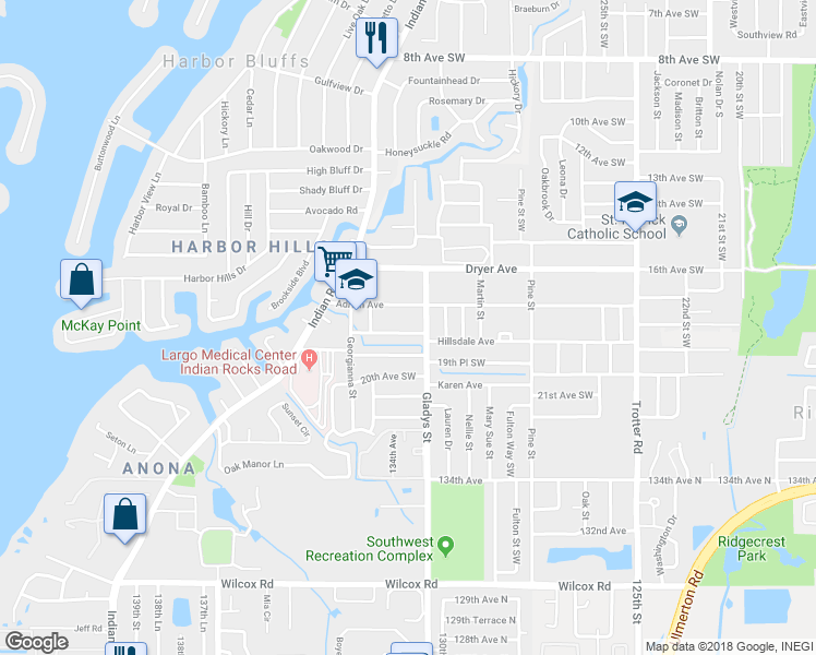 map of restaurants, bars, coffee shops, grocery stores, and more near 3259 Hillsdale Avenue in Largo