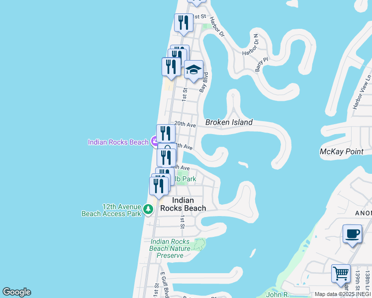 map of restaurants, bars, coffee shops, grocery stores, and more near 209 18th Avenue in Indian Rocks Beach