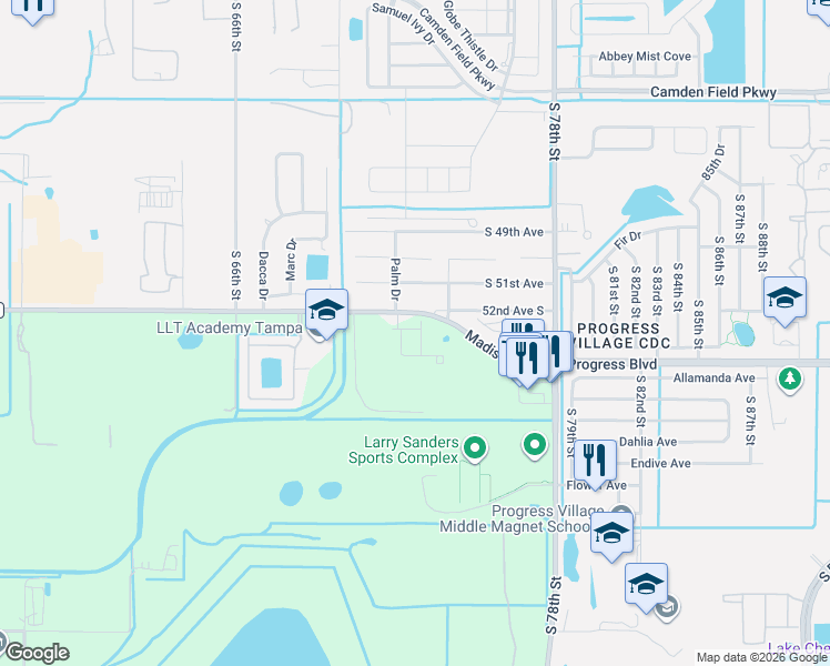 map of restaurants, bars, coffee shops, grocery stores, and more near 7205 Madison Avenue in Tampa