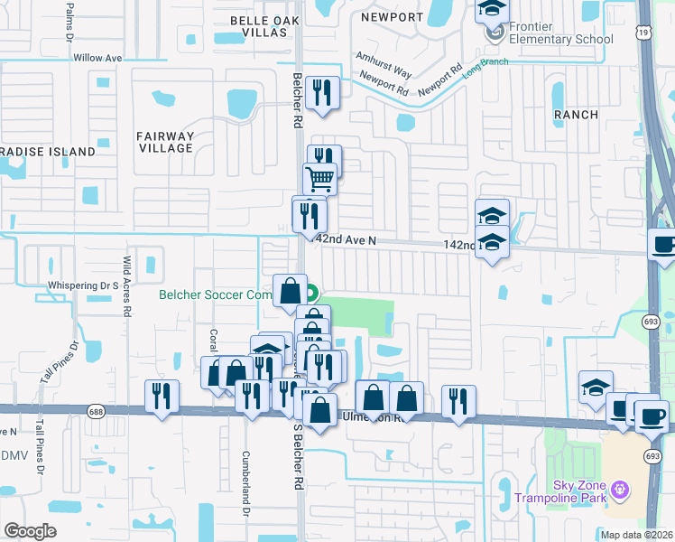 map of restaurants, bars, coffee shops, grocery stores, and more near 14099 South Belcher Road in Largo
