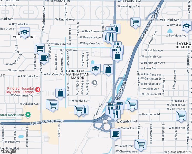 map of restaurants, bars, coffee shops, grocery stores, and more near 3900 West Fair Oaks Avenue in Tampa