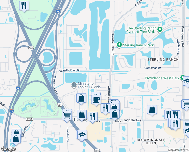 map of restaurants, bars, coffee shops, grocery stores, and more near 2257 Kings Palace Drive in Palm River-Clair Mel