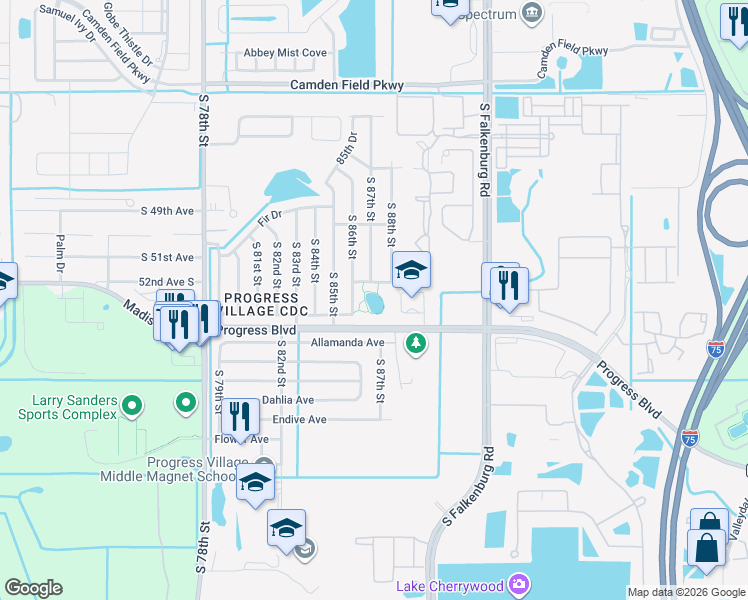 map of restaurants, bars, coffee shops, grocery stores, and more near 5208 South 86th Street in Tampa