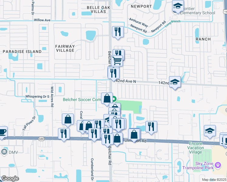 map of restaurants, bars, coffee shops, grocery stores, and more near 1501b South Belcher Road in Largo
