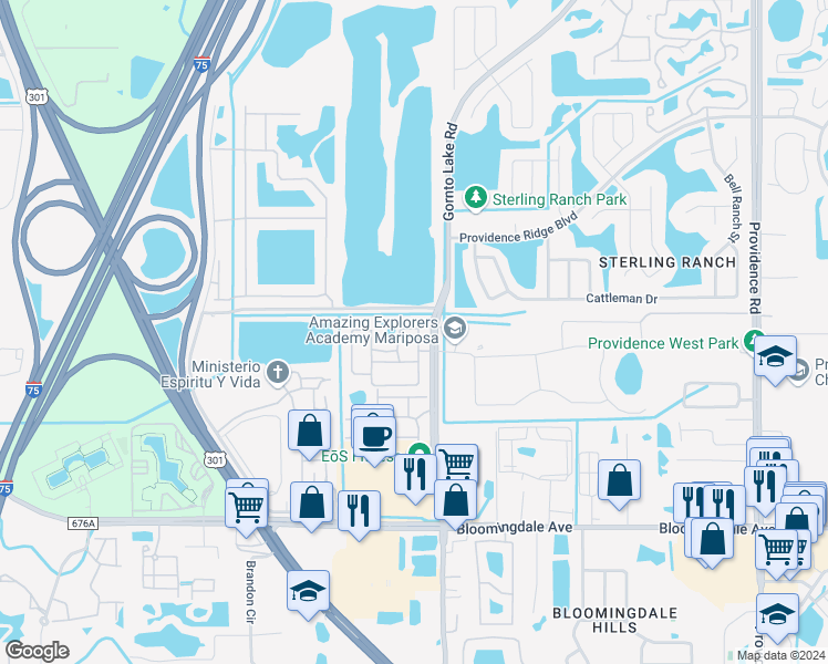 map of restaurants, bars, coffee shops, grocery stores, and more near 2035 Kings Palace Drive in Riverview