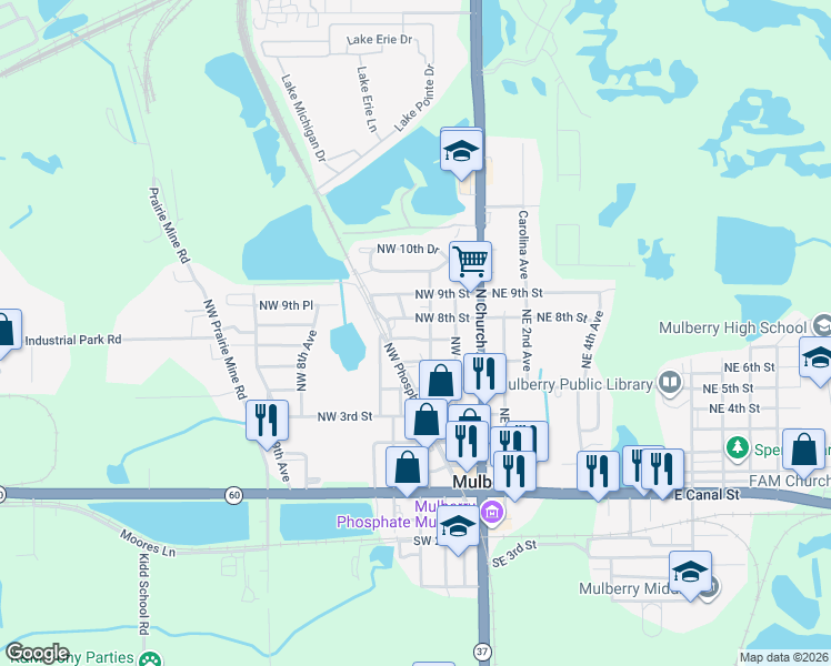 map of restaurants, bars, coffee shops, grocery stores, and more near 404 Northwest 7th Street in Mulberry