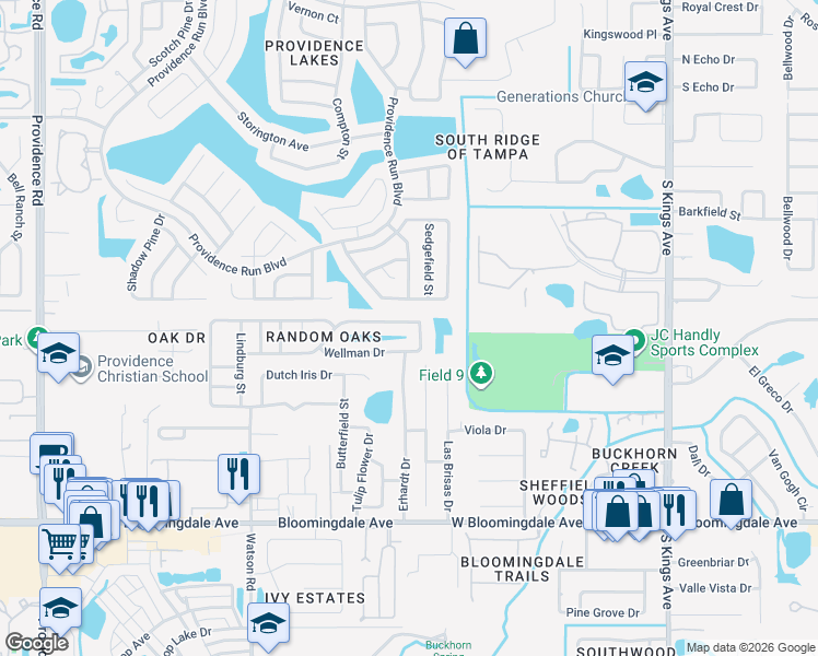 map of restaurants, bars, coffee shops, grocery stores, and more near 11556 Wellman Drive in Riverview