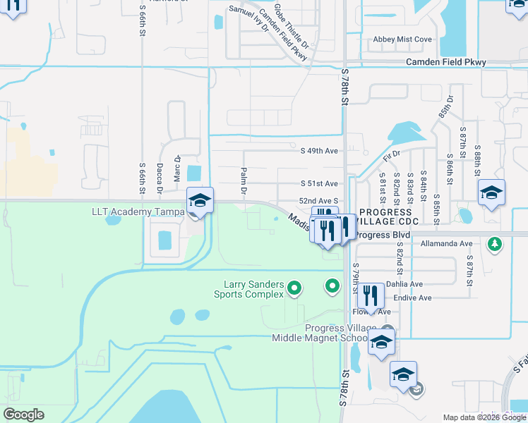 map of restaurants, bars, coffee shops, grocery stores, and more near 7205 Madison Avenue in Tampa