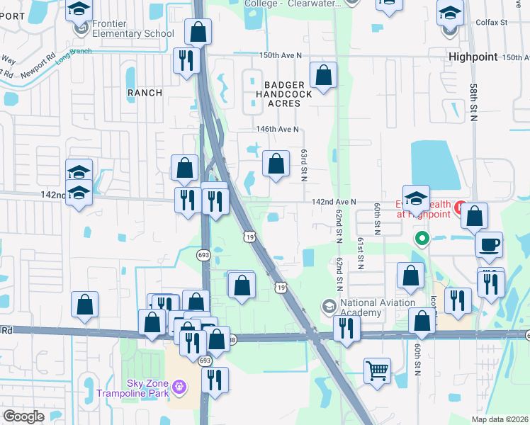 map of restaurants, bars, coffee shops, grocery stores, and more near 14055 U.S. 19 in Clearwater