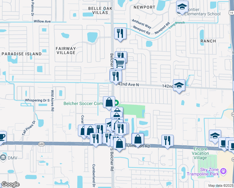 map of restaurants, bars, coffee shops, grocery stores, and more near 1501B South Belcher Road in Largo