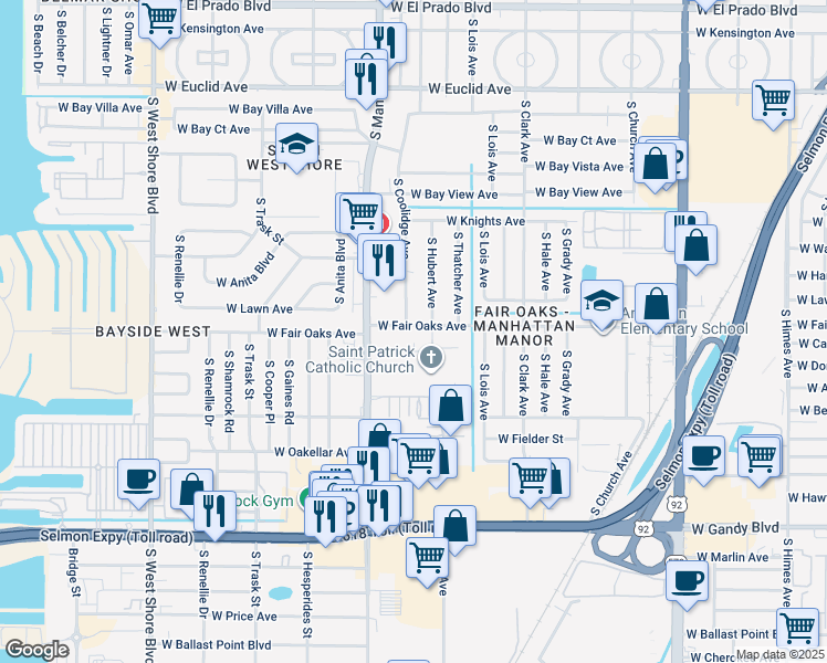 map of restaurants, bars, coffee shops, grocery stores, and more near 4304 West Fair Oaks Avenue in Tampa