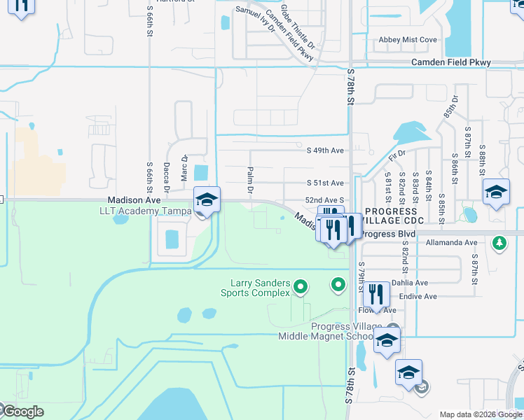 map of restaurants, bars, coffee shops, grocery stores, and more near 7205 Madison Avenue in Tampa