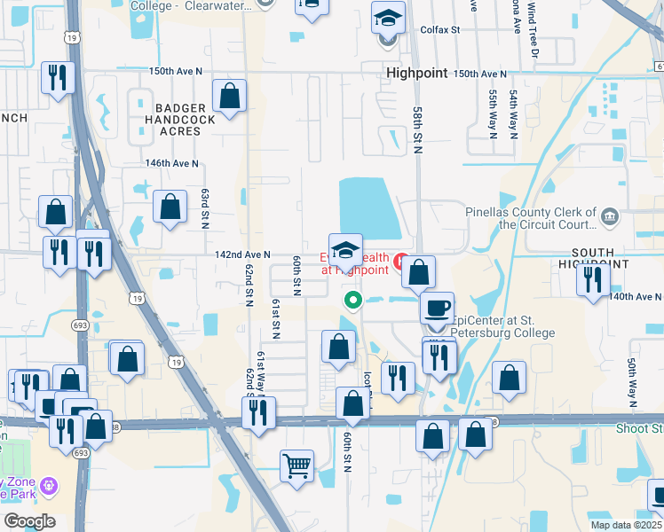 map of restaurants, bars, coffee shops, grocery stores, and more near 5945 141st Avenue North in Clearwater