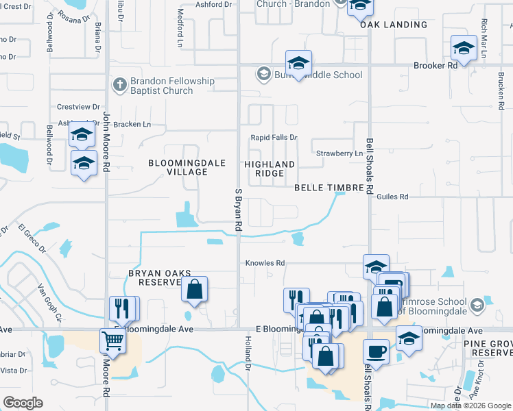 map of restaurants, bars, coffee shops, grocery stores, and more near 3004 Rosebud Lane in Brandon