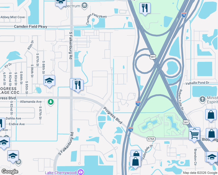 map of restaurants, bars, coffee shops, grocery stores, and more near 5341 Fallen Leaf Drive in Riverview