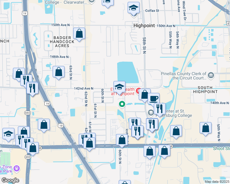 map of restaurants, bars, coffee shops, grocery stores, and more near 5945 141st Avenue North in Clearwater