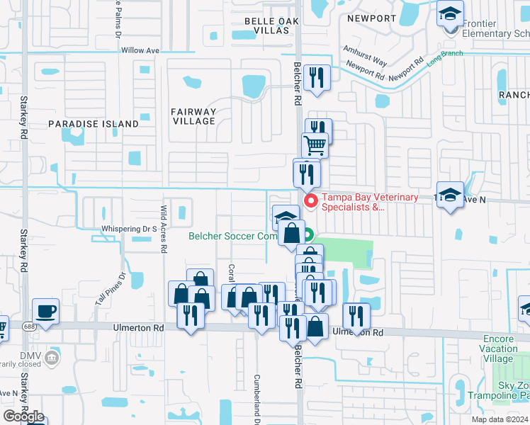 map of restaurants, bars, coffee shops, grocery stores, and more near 3792 141st Avenue North in Largo
