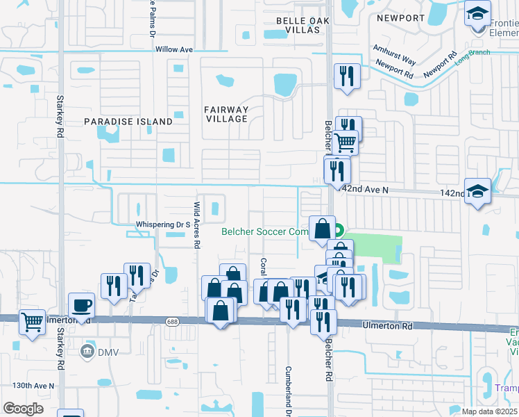 map of restaurants, bars, coffee shops, grocery stores, and more near 1733 Palm Way in Largo